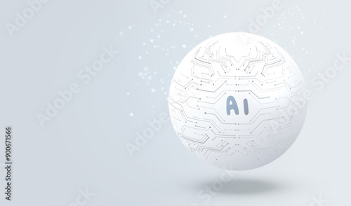 Ai technology circuit board sphere.  Artificial Intelligence white globe logo. Machine learning intelligence concept. Big data innovation technology. Electronic connect. Vector illustration.