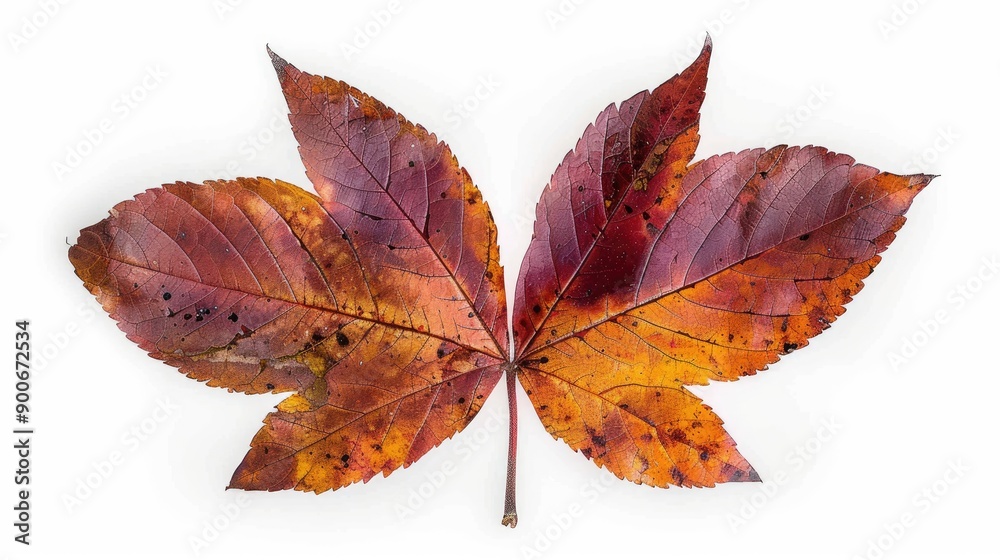 Fototapeta premium A vivid autumn leaf displaying rich shades of red, orange, and brown, perfect for nature and seasonal themes.