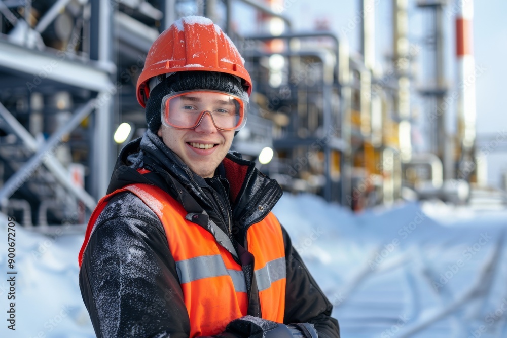 Portrait of a cheerful young engineer in winter clothing and hardhat, standing proudly at an oil production site. Demonstrates professionalism and dedication in the energy industry. Portrait of a cheerful young engineer in winter clothing and hardhat, standing proudly at an oil production site. Demonstrates professionalism and dedication in the energy industry.