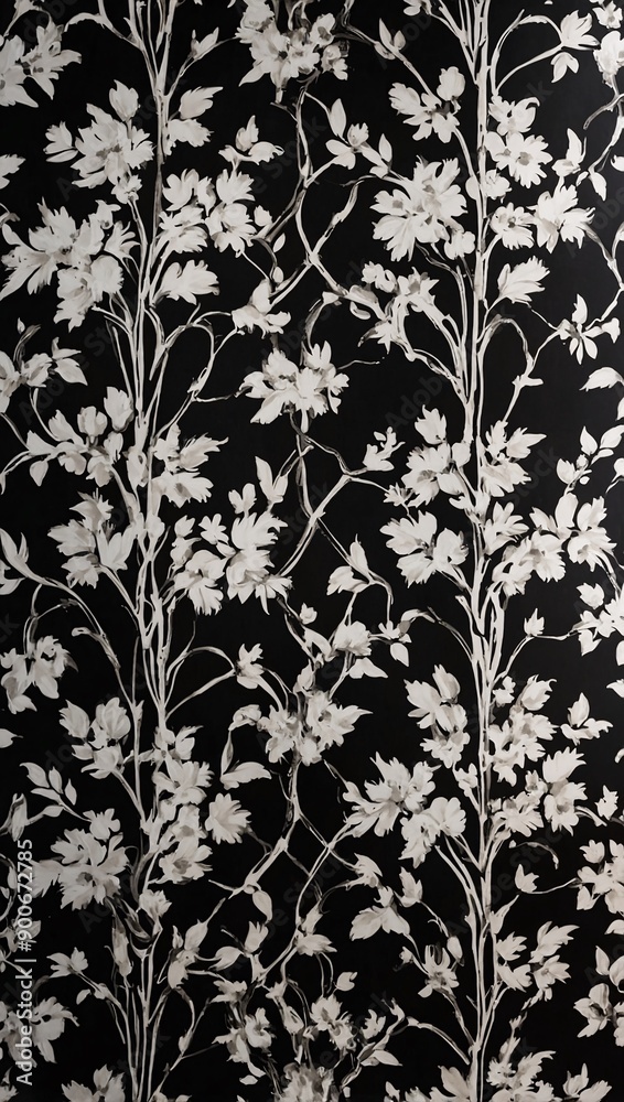 Wallpaper with delicate white floral tree pattern for stylish living room or bedroom. High contrast