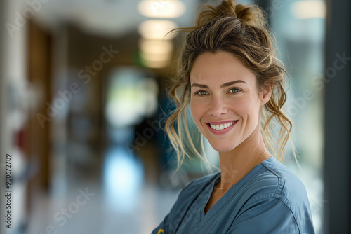 Cheerful nurse in hospital hallway. Smiling female healthcare professional in scrubs. Ideal for medical advertisements, healthcare brochures, and wellness articles