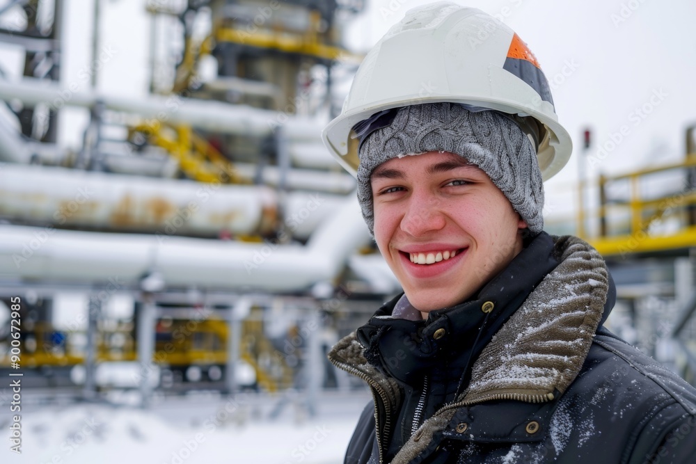 Young engineer with a bright smile, wearing hardhat at an oil production field during winter. Professionalism and expertise in energy extraction. Young engineer with a bright smile, wearing hardhat at an oil production field during winter. Professionalism and expertise in energy extraction.