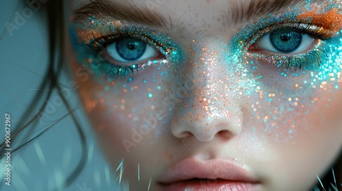 Blue-Eyed Glamour: Close-Up Portrait with Metallic Makeup