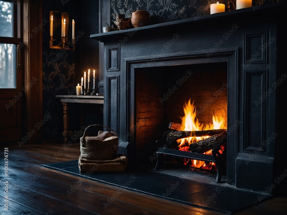 Warm log fire in a rustic interior, complemented by dark wallpaper. High contrast Warm log fire in a rustic interior, complemented by dark wallpaper. High contrast