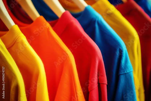 Close-up view of colorful t-shirts hanging on wooden hangers in a row, showcasing vibrant apparel in red, yellow, blue, and orange. Fashion concept. high quality. photo