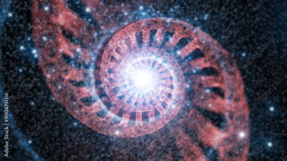 Fototapeta premium Abstract of a red and blue dna helix molecule on futuristic copy space illustration background. 