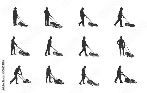 Man pushing lawn mower svg, Man mowing lawn svg, Man pushing lawn mower silhouette, Man mowing lawn silhouette, Lawn mowing silhouette, Man pushing lawnmower vector set. 