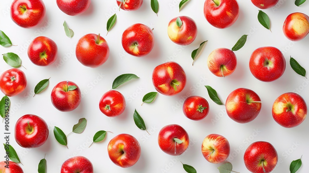 A flat lay photo showcasing red apples with green leaves on a white background, creating a simple and visually appealing pattern. A flat lay photo showcasing red apples with green leaves on a white background, creating a simple and visually appealing pattern.