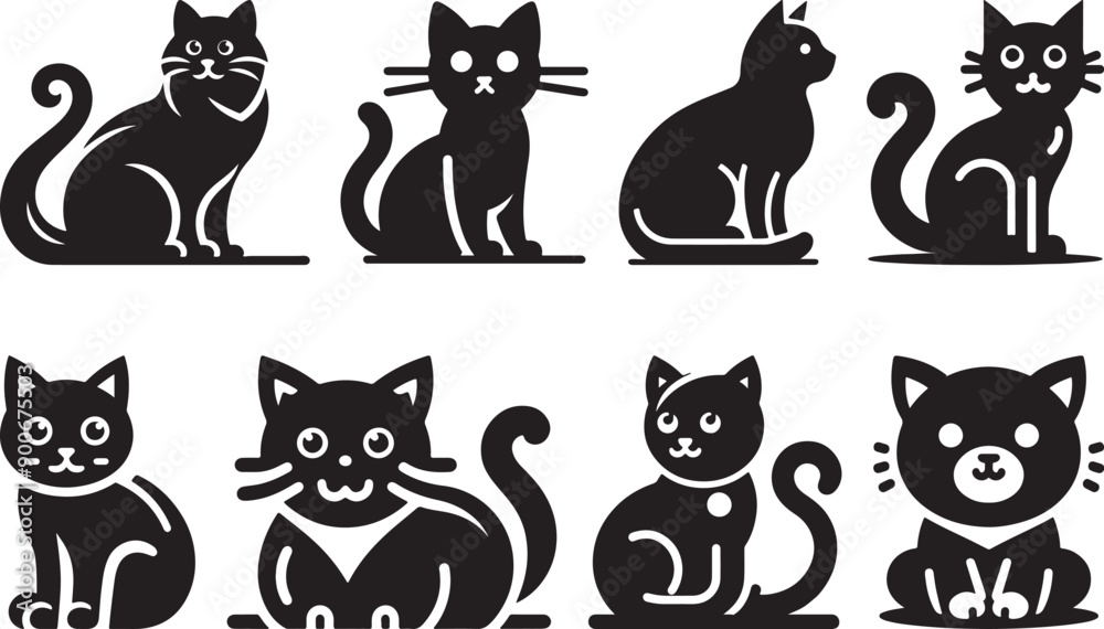 Fototapeta premium Black Cat Set Isolated White Background, Vector Illustration