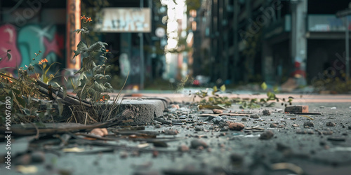 Abandoned Urban Street After Catastrophe With Overgrown Weeds and Deteriorating Cars. Generative AI