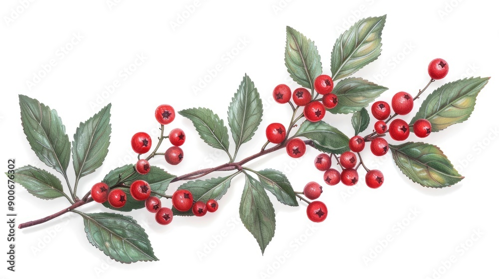 Beautiful illustration of a branch with vibrant red berries and green leaves, perfect for seasonal designs or nature themes. Beautiful illustration of a branch with vibrant red berries and green leaves, perfect for seasonal designs or nature themes.