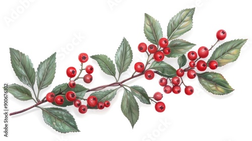 Beautiful illustration of a branch with vibrant red berries and green leaves, perfect for seasonal designs or nature themes.