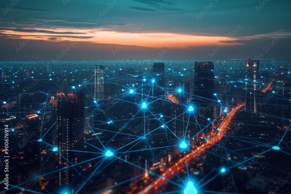 An aerial view of a futuristic city, illuminated by street lights and glowing blue network connections between buildings, set against a twilight sky An aerial view of a futuristic city, illuminated by street lights and glowing blue network connections between buildings, set against a twilight sky
