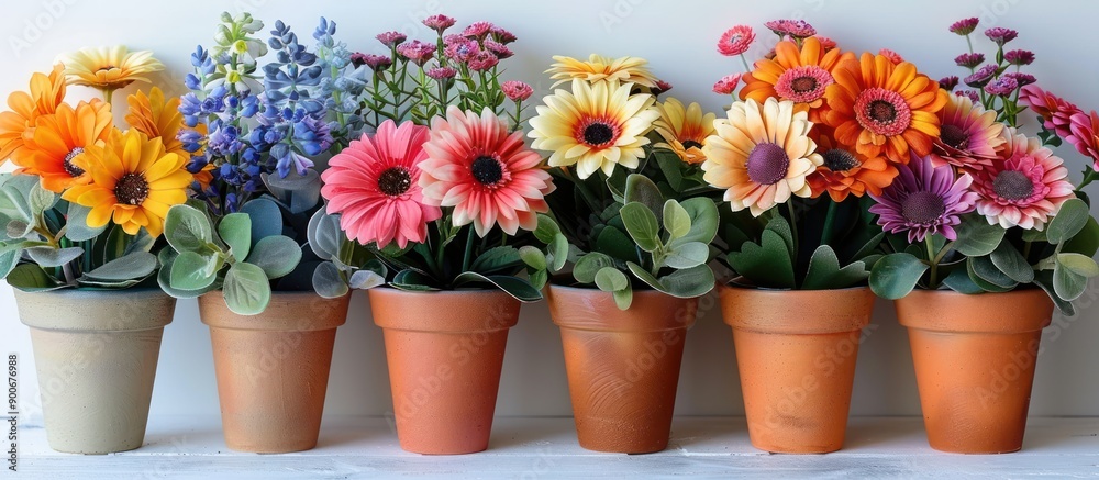 Artificial flowers in pots on a white background as a backdrop Artificial flowers in pots on a white background as a backdrop