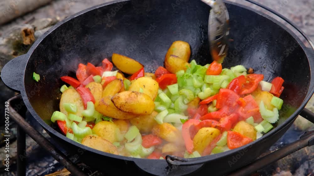 Bright vegetables are fried in a cauldron over an open fire. Vegetables are fried in a cauldron. Juicy bright vegetables are fried in a cauldron over a fire. Bright vegetables are fried in a cauldron over an open fire. Vegetables are fried in a cauldron. Juicy bright vegetables are fried in a cauldron over a fire.