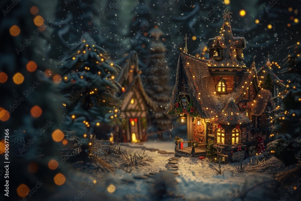 Fototapeta premium Captivating illuminated fairytale village covered in snow at twilight, perfect for festive backgrounds