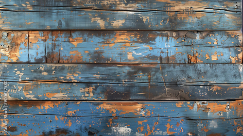 A weathered wooden surface with peeling blue and orange paint. © Tijana