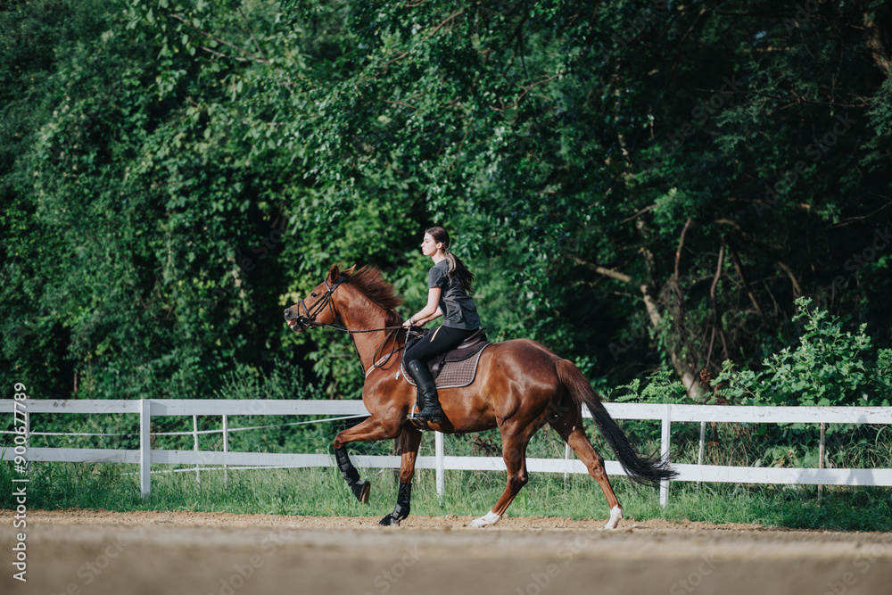 Woman riding a horse outdoors in a lush green environment. Equestrian activity showcasing the bond between rider and horse. Woman riding a horse outdoors in a lush green environment. Equestrian activity showcasing the bond between rider and horse.