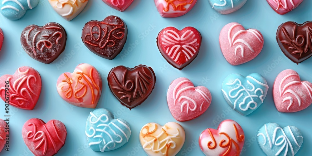 Candies in heart shapes of pastel colors on blue paper, a flat lay full of love. Generative AI. Candies in heart shapes of pastel colors on blue paper, a flat lay full of love. Generative AI.