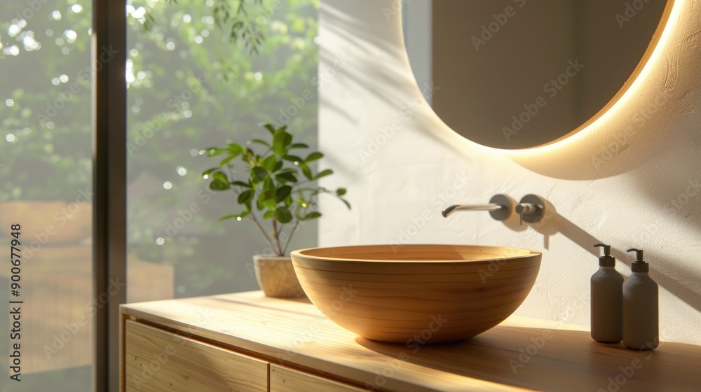Fototapeta premium Modern minimalist bathroom showcasing wooden vanity with round backlit mirror, side view with soft daylight and window. Modern minimalist bathroom wooden vanity
