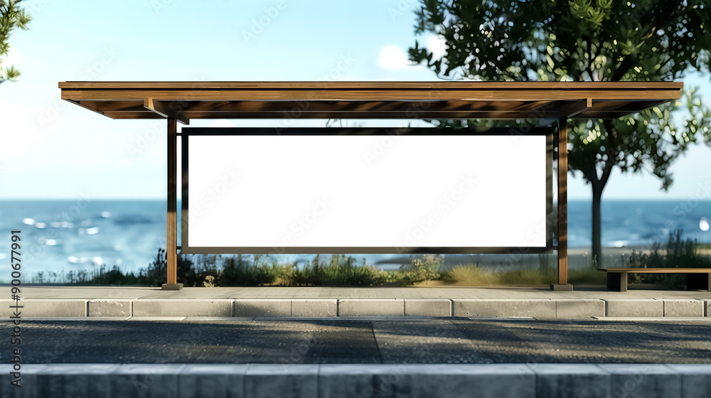 Empty billboard at bus stop by the sea, ready for advertisement with tranquil ocean in the background, featuring a sunny day. high quality. Empty billboard at bus stop by the sea, ready for advertisement with tranquil ocean in the background, featuring a sunny day. high quality.
