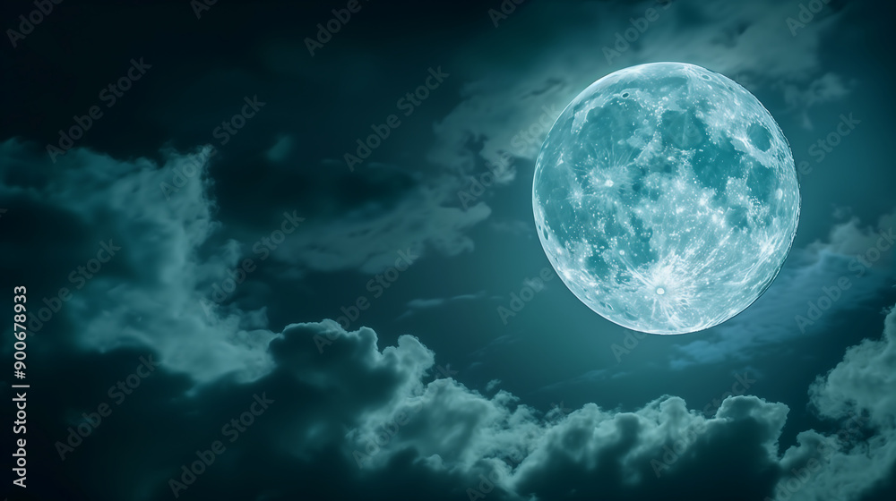 Obraz premium full moon in a night sky with scattered clouds, highlighting the moon’s craters and creating a dramatic, serene scene