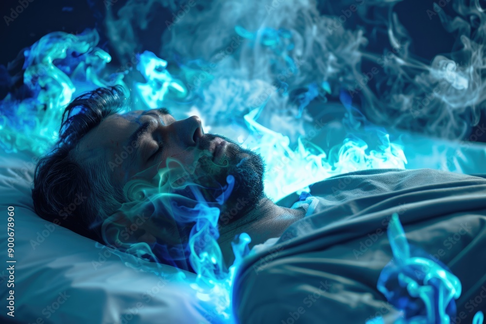 Fototapeta premium Man Sleeping in Blue Fire Flames - Dreamy Surreal Concept with Smoke and Light Effects