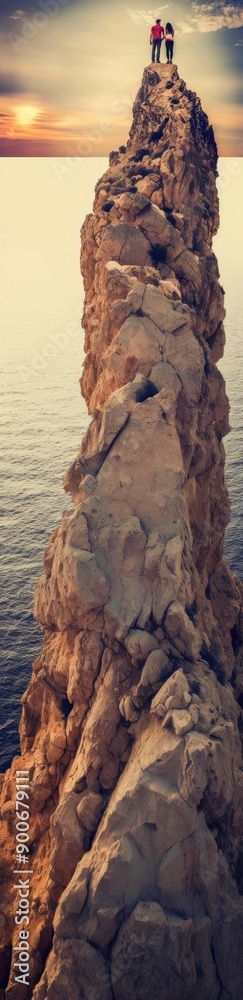 Obraz premium Couple Standing on High Rocky Cliff Overlooking Ocean at Sunset