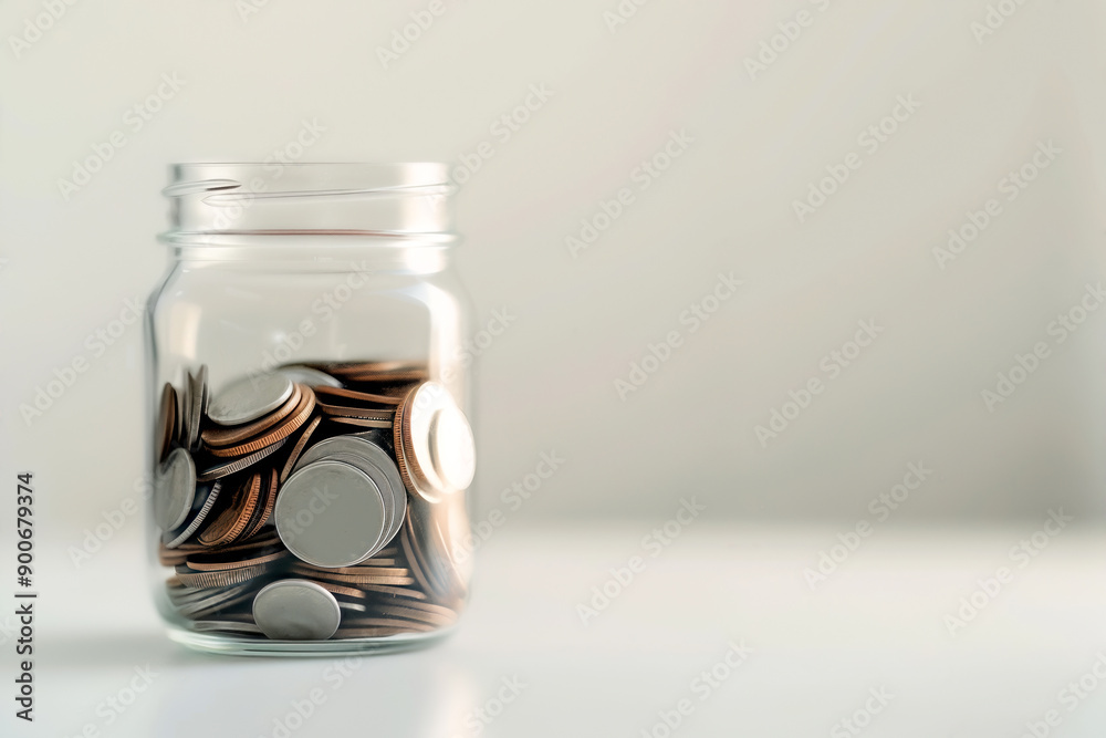 Glass jar filled with coins on a white surface, representing savings, budget, and financial planning. high quality. Glass jar filled with coins on a white surface, representing savings, budget, and financial planning. high quality.