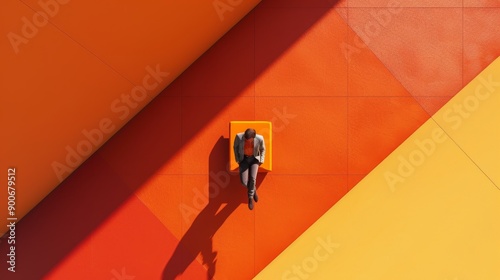 A person sits on a bench, a geometric pattern of vibrant orange, red, and yellow lines forming a unique backdrop. photo