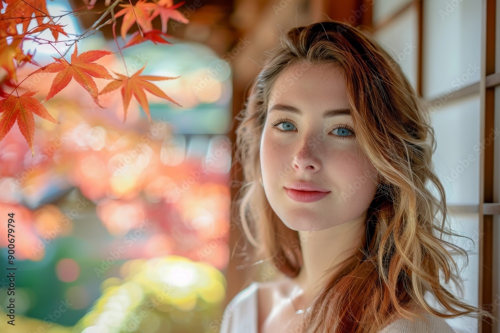 Fototapeta premium 秋に日本旅行を楽しむ外国人の女性（インバウンド・外国人・訪日・旅行・円安・京都・紅葉）