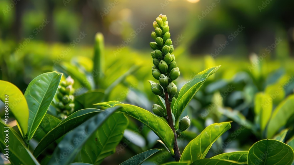 Obraz premium Close-up of tea plant buds surrounded by lush green leaves in a serene garden setting, highlighting nature's beauty.
