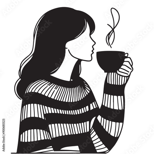 Woman drink coffee or tea. Black stripes sweater, abstract