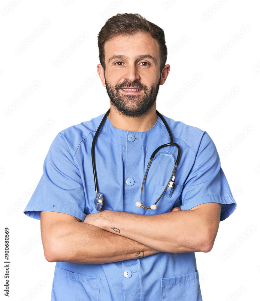 Hispanic male nurse in studio setting Hispanic male nurse in studio setting