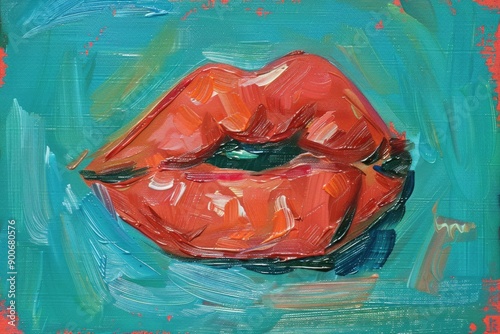 Vibrant Abstract Painting of Red Lips on Teal Background Modern Art, Bold Brush Strokes, Colorful Expression photo