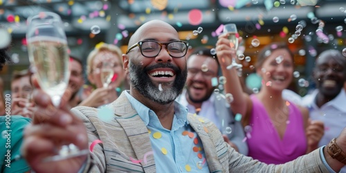 Pure Joy Amidst the Bubbles: Man in Festive Frenzy Celebrates with Champagne and Confetti 