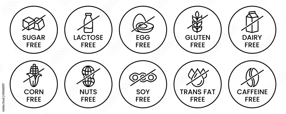 Naklejka premium Set allergen free icons. Allergen free products. Products warning symbols. Lactose, gluten, sugar, corn, egg, trans fat, soy, nuts free, coffeine sign.
