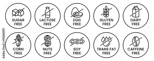 Set allergen free icons. Allergen free products. Products warning symbols. Lactose, gluten, sugar, corn, egg, trans fat, soy, nuts free, coffeine sign.