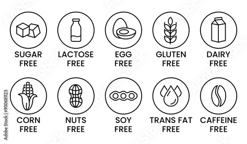 Set allergen free icons. Allergen free products. Products warning symbols. Lactose, gluten, sugar, corn, egg, trans fat, soy, nuts free, coffeine sign.