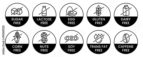Set allergen free icons. Allergen free products. Products warning symbols. Lactose, gluten, sugar, corn, egg, trans fat, soy, nuts free, coffeine sign.