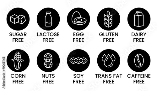 Set allergen free icons. Allergen free products. Products warning symbols. Lactose, gluten, sugar, corn, egg, trans fat, soy, nuts free, coffeine sign.