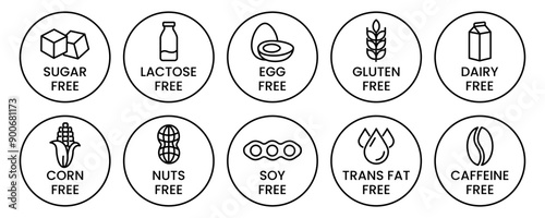 Set allergen free icons. Allergen free products. Products warning symbols. Lactose, gluten, sugar, corn, egg, trans fat, soy, nuts free, coffeine sign.