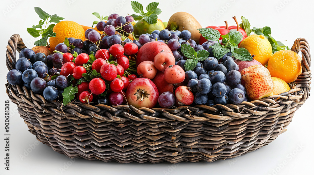 A basket filled with colourful fresh mix fruits with white background A basket filled with colourful fresh mix fruits with white background