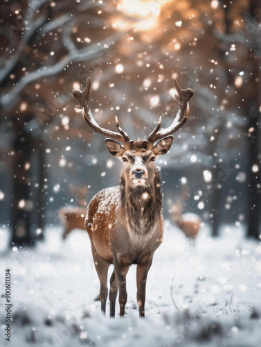 Majestic Stag in Winter Wonderland: A majestic stag stands proudly in a snowy forest, its antlers adorned with snowflakes, bathed in the warm glow of the setting sun, serene and magical atmosphere