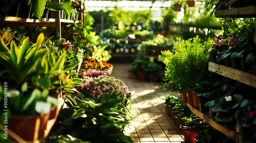 Lush greenery and vibrant flowers fill the aisle of a thriving greenhouse, showcasing a variety of plants bathed in natural sunlight. high quality. Lush greenery and vibrant flowers fill the aisle of a thriving greenhouse, showcasing a variety of plants bathed in natural sunlight. high quality.