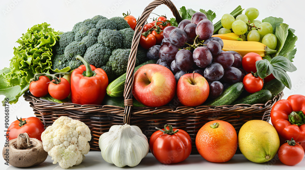 A big basket filled with various colourful fruits and vegetables A big basket filled with various colourful fruits and vegetables