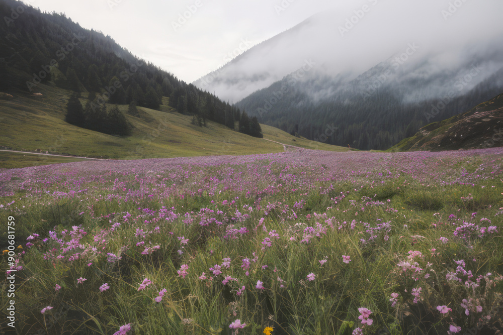 Panoramic alpine meadow landscape with snow-capped peaks and vibrant wildflowers under a clear summer sky Panoramic alpine meadow landscape with snow-capped peaks and vibrant wildflowers under a clear summer sky