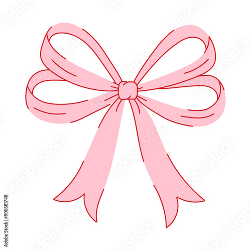 A pink ribbon is drawn with a red bow. The ribbon is long and has a red bow tied to it