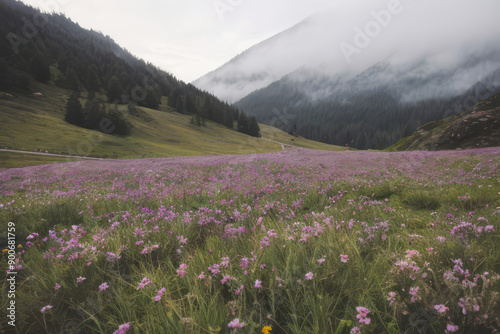 Panoramic alpine meadow landscape with snow-capped peaks and vibrant wildflowers under a clear summer sky