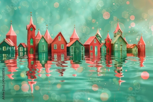 Red and green abstract background with surreal, floating holiday villages photo